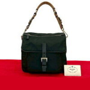 PRADA triangular logo Saffiano leather nylon handbag shoulder bag black brown